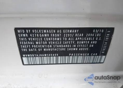 2010 Volkswagen Golf 4-Door z USA, uszkodzony, nr VIN WVWDB7AJ8AW345609